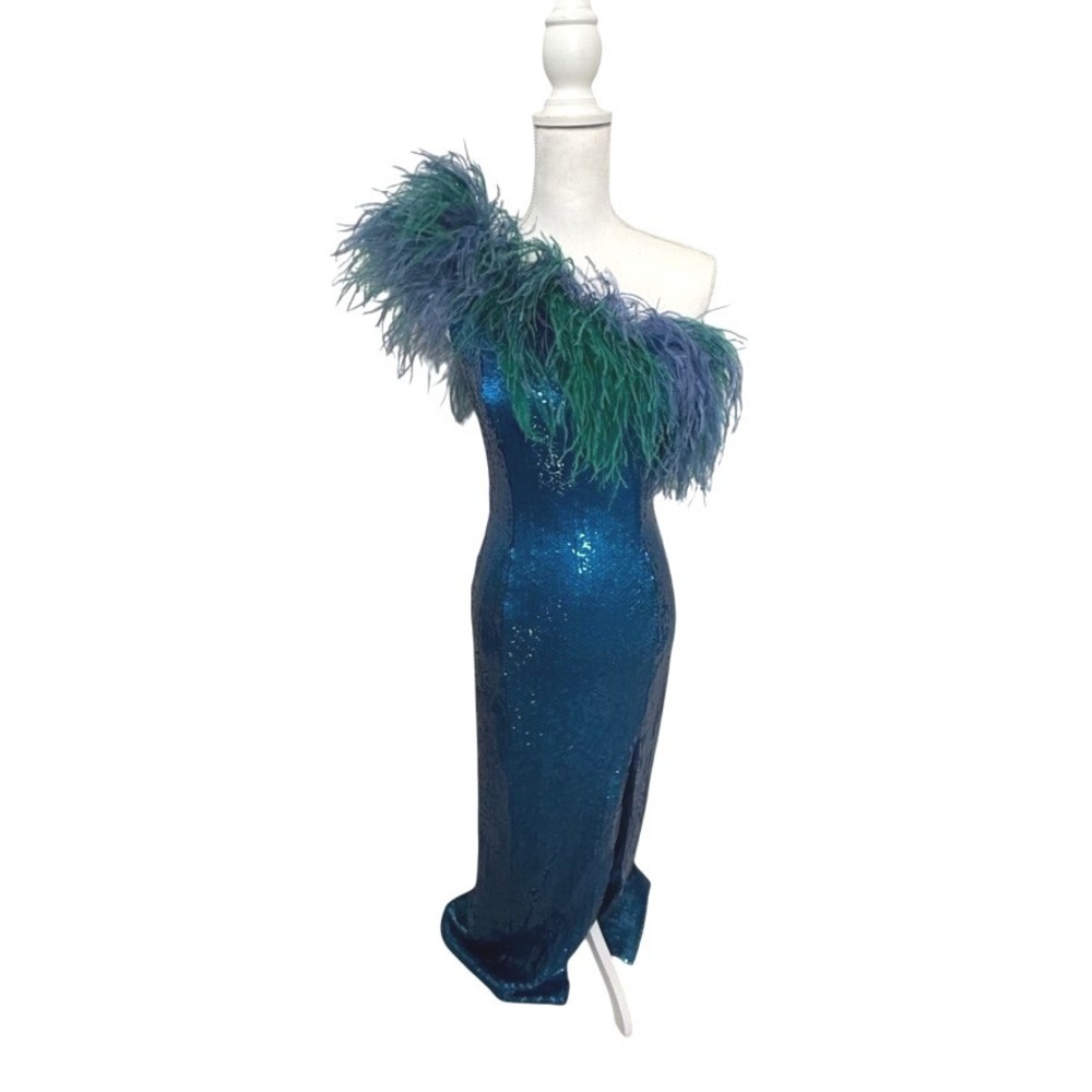 Mike Benet Formal Dress Women 8 Blue Sequin One Shoulder Feather Slit Vintage